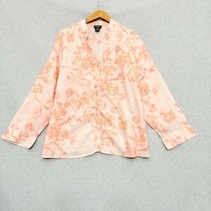 Rafaella‎ Womans Button Front Top Pink Plus 16W Floral Linen Long Sleeve Pintuck